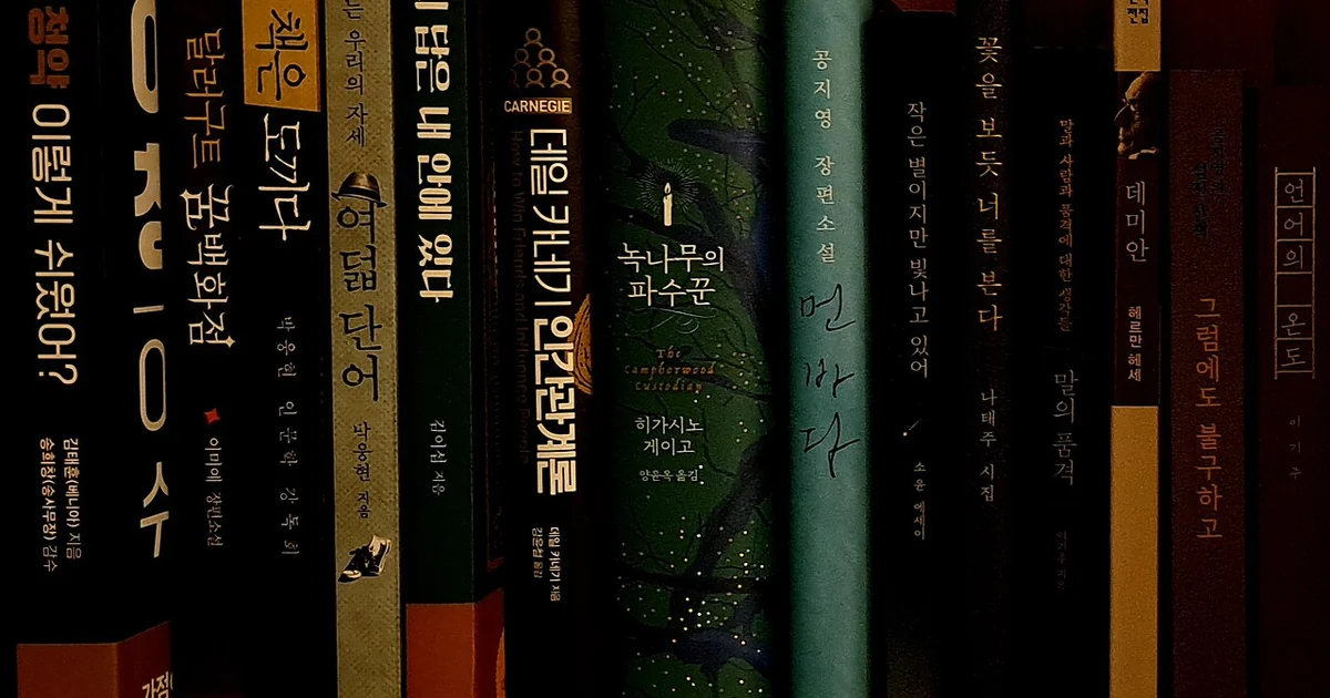 Library And Books: Korean language, Korean book 한국어 책들이 서재에 진열되어 있다.