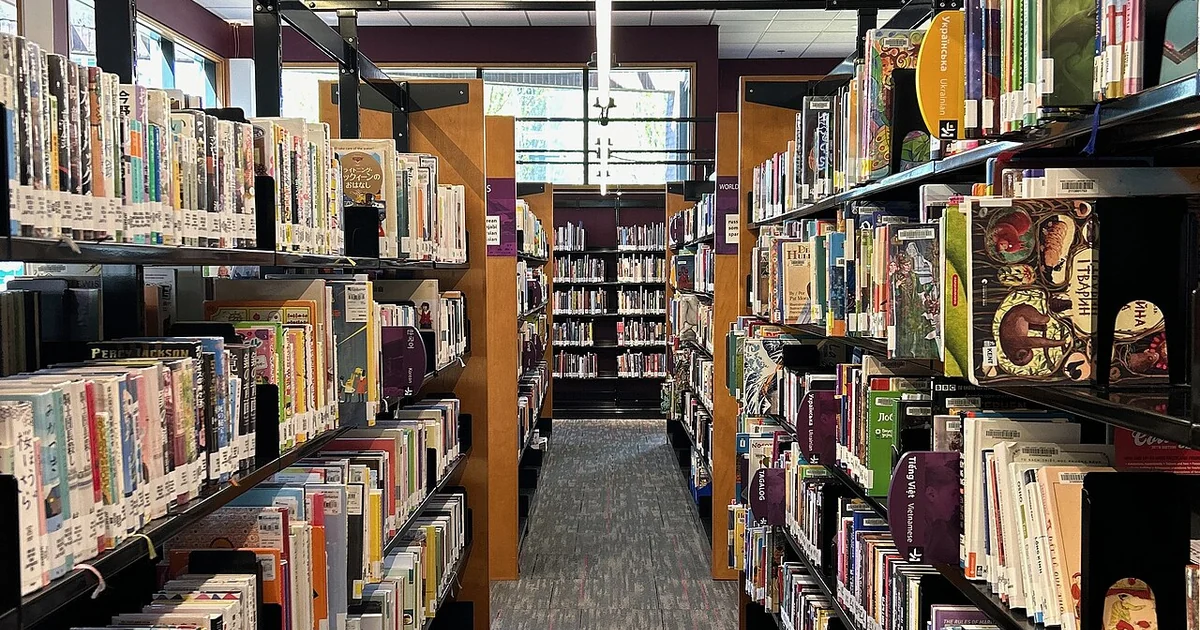 Shelves of international books at the Kent Library in the city of Kent, Washington.