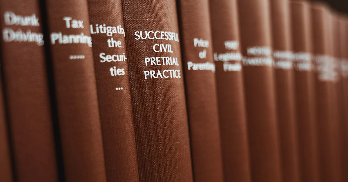 Legal books lined up at a law library